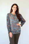 Merric Print Elastic-Cuff Top with Gold Thread Details