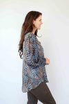 Merric Print Elastic-Cuff Top with Gold Thread Details