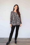 Merric Print Elastic-Cuff Top with Gold Thread Details