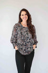Merric Print Elastic-Cuff Top with Gold Thread Details